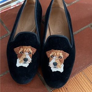 Stubbs and Wootton Black Velvet Loafers with Dog Embroidery